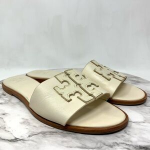 Tory Burch Ines Cream Leather Logo Slide Sandals 10.5 Classic Quiet Luxury Chic